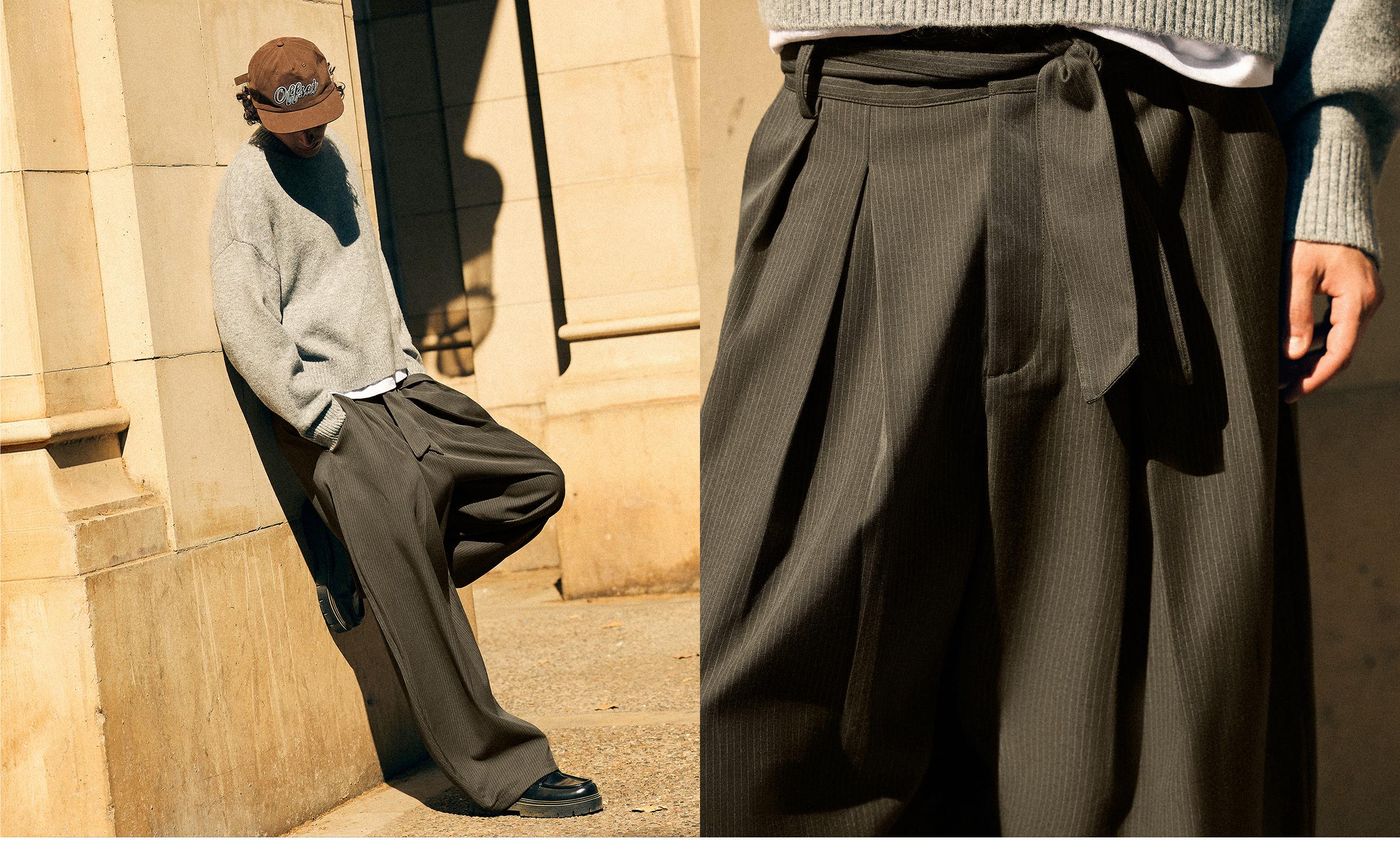 Barrel-leg trousers with darts and belt — Khaki