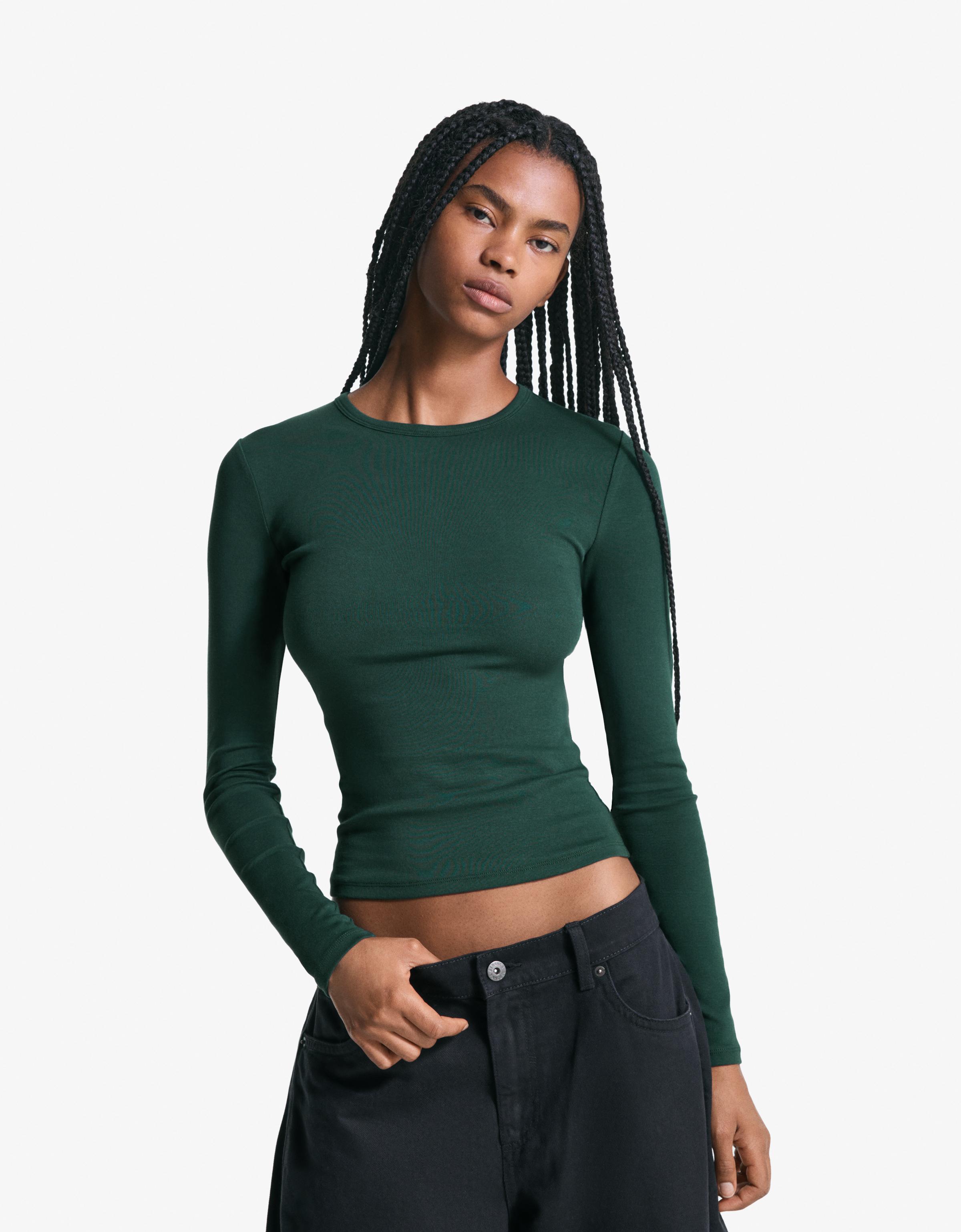 Bershka Langarmshirt Damen L Grün