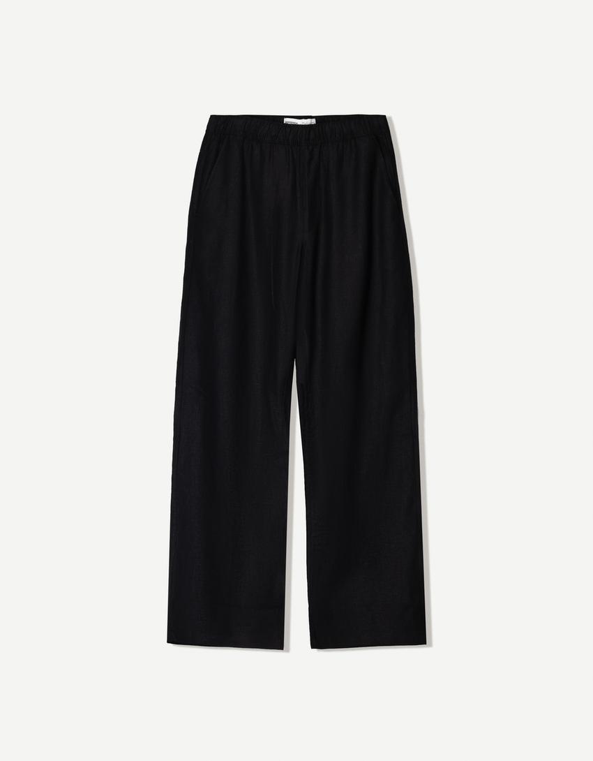 Pantaloni wide leg jogger misto lino-Nero-3