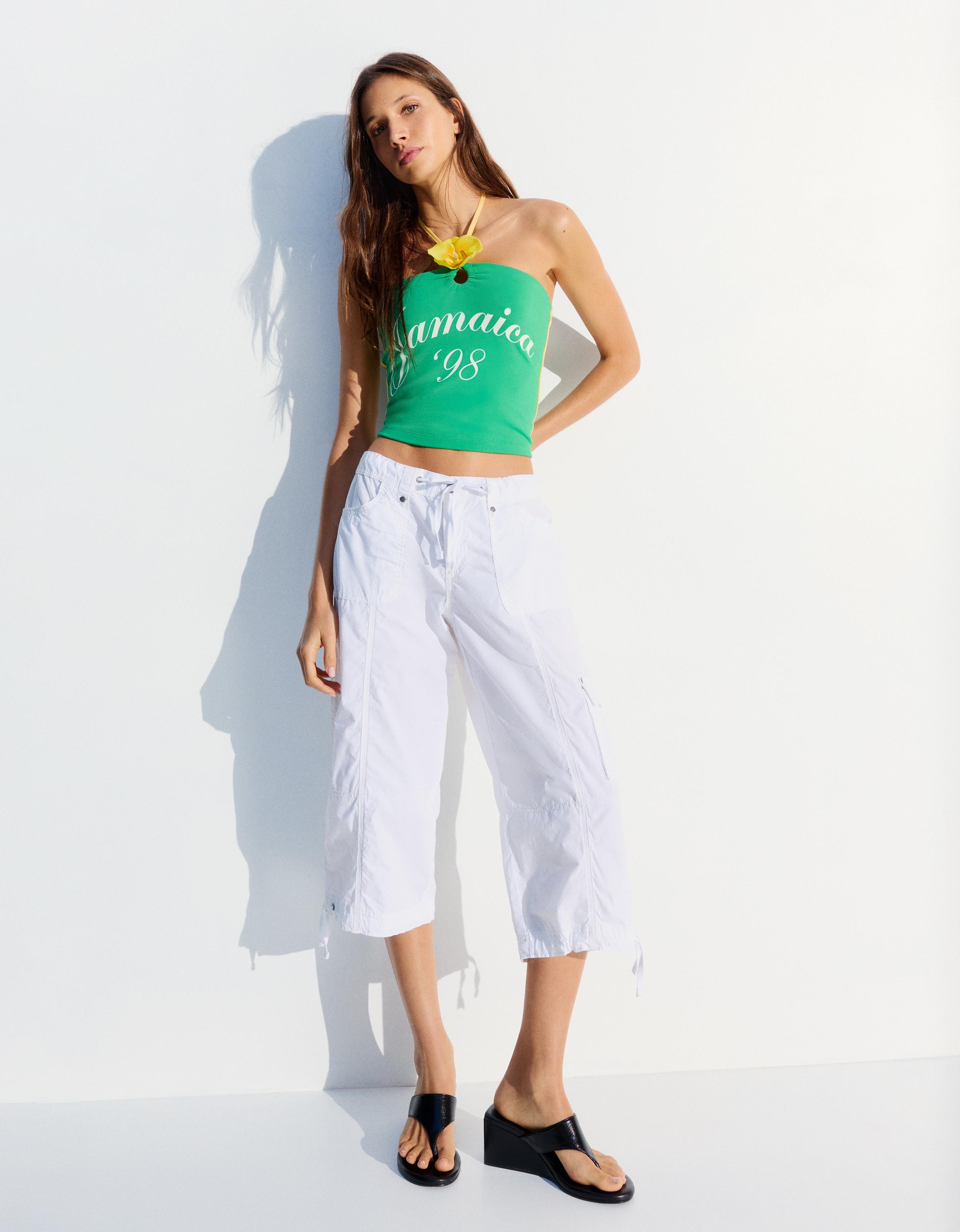 Top Halter Print Con Flor Mujer S Verde