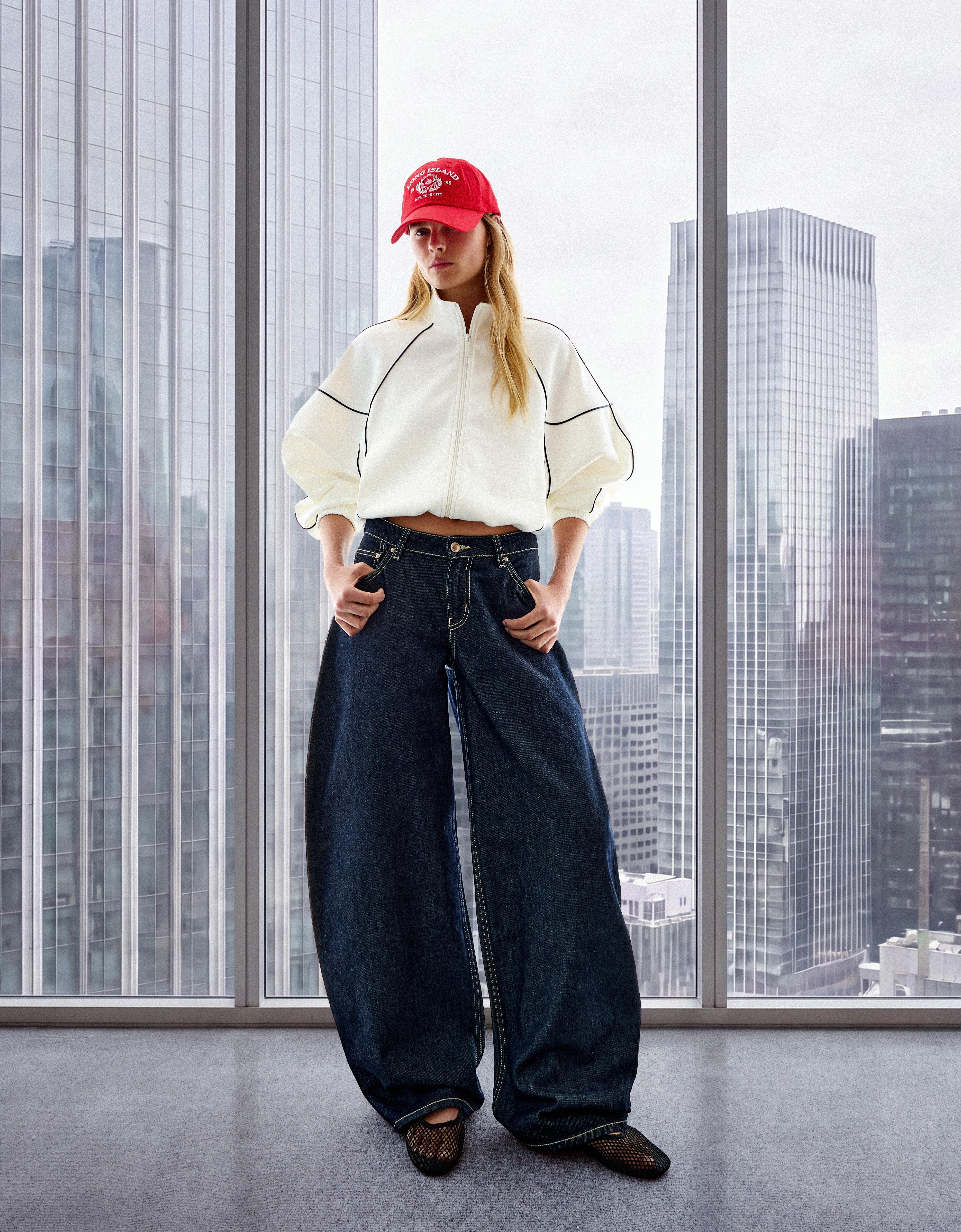 Bershka Jeans Barrel Tiro Alto Mujer 32 Marino