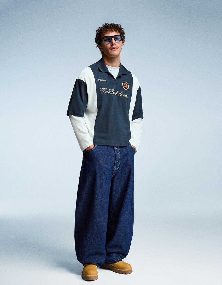 Boxy fit polo met print en korte mouw-Blauw