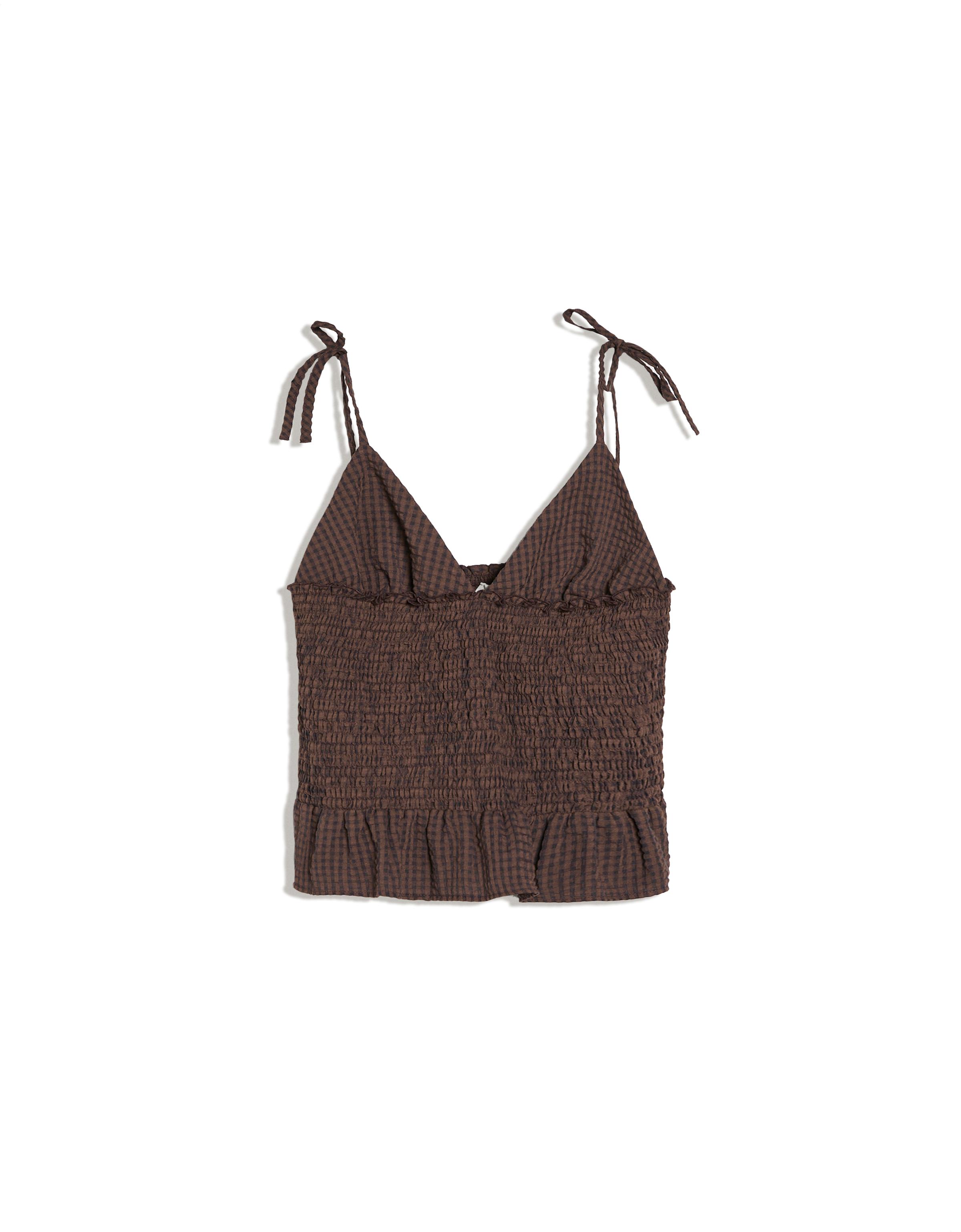 Smocked check strappy top — Brown