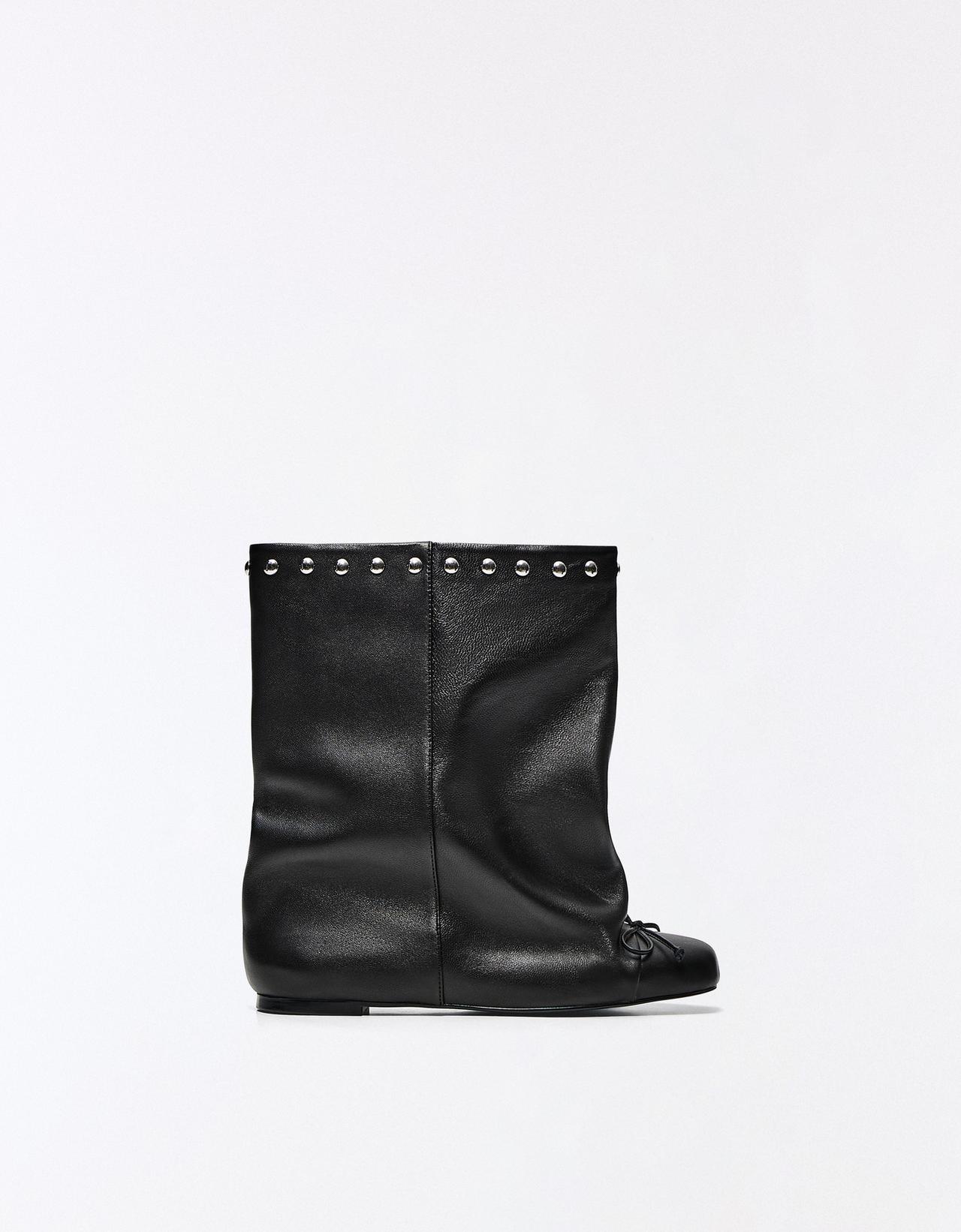 Flat leather wide-shaft ankle boots with studs — BLACK