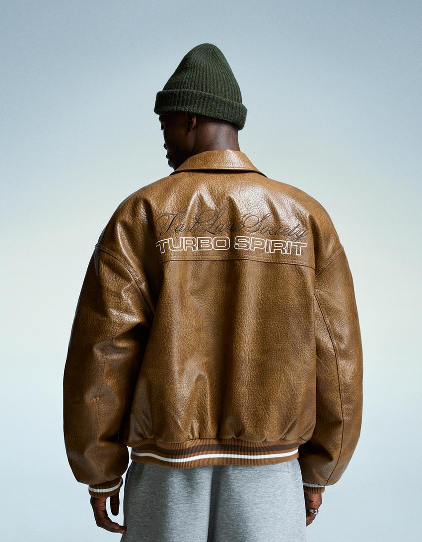 Leather effect embroidered jacket-Camel