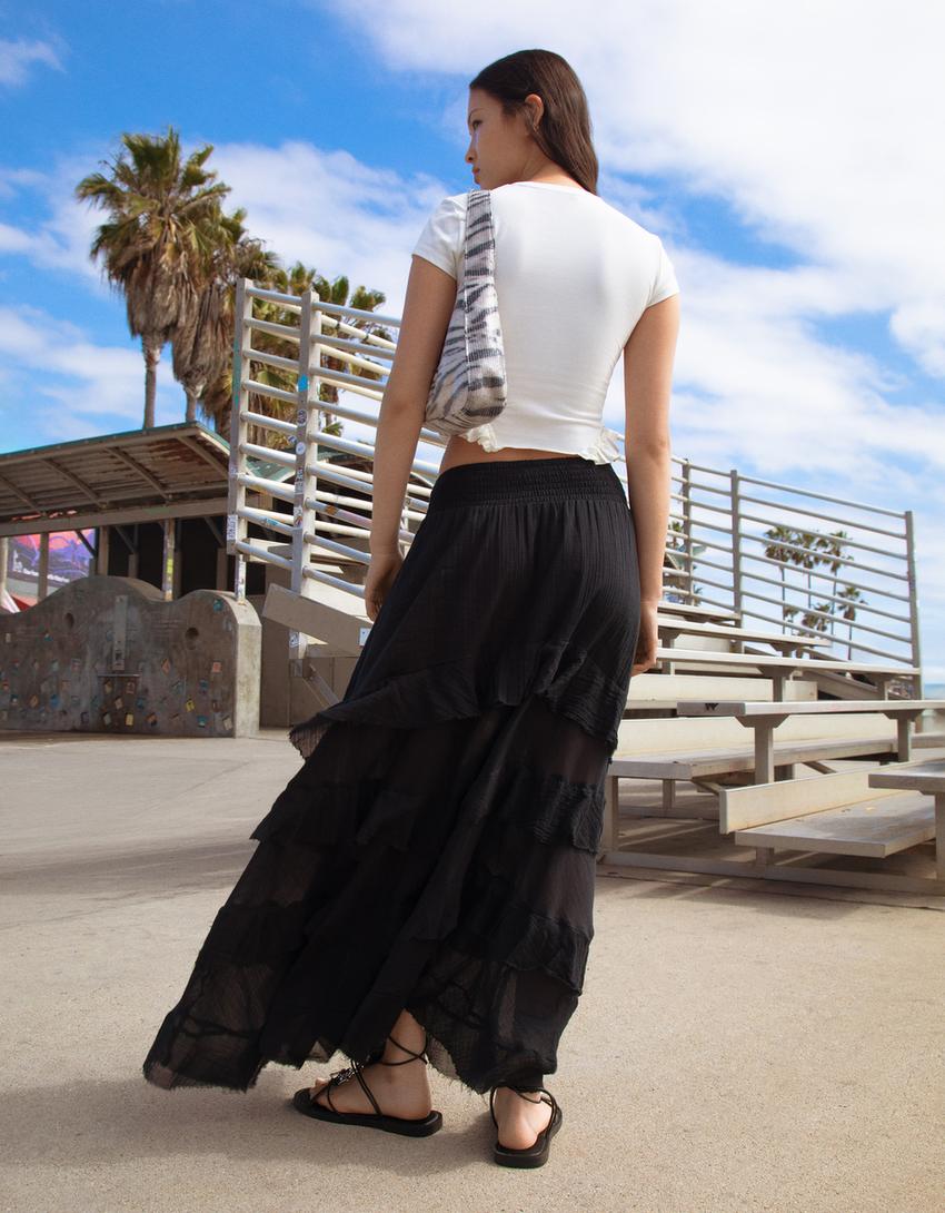 Printed short sleeve T-shirt with ruffles-Off white