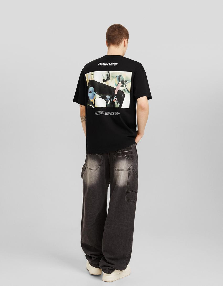 T-shirt manga curta boxy fit estampado-Preto-3