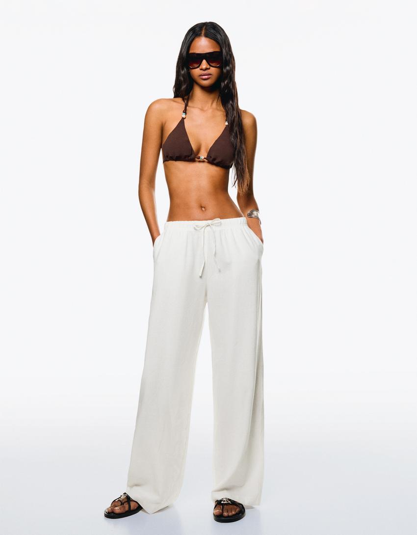 Linen blend trousers with an elasticated waistband-Off white