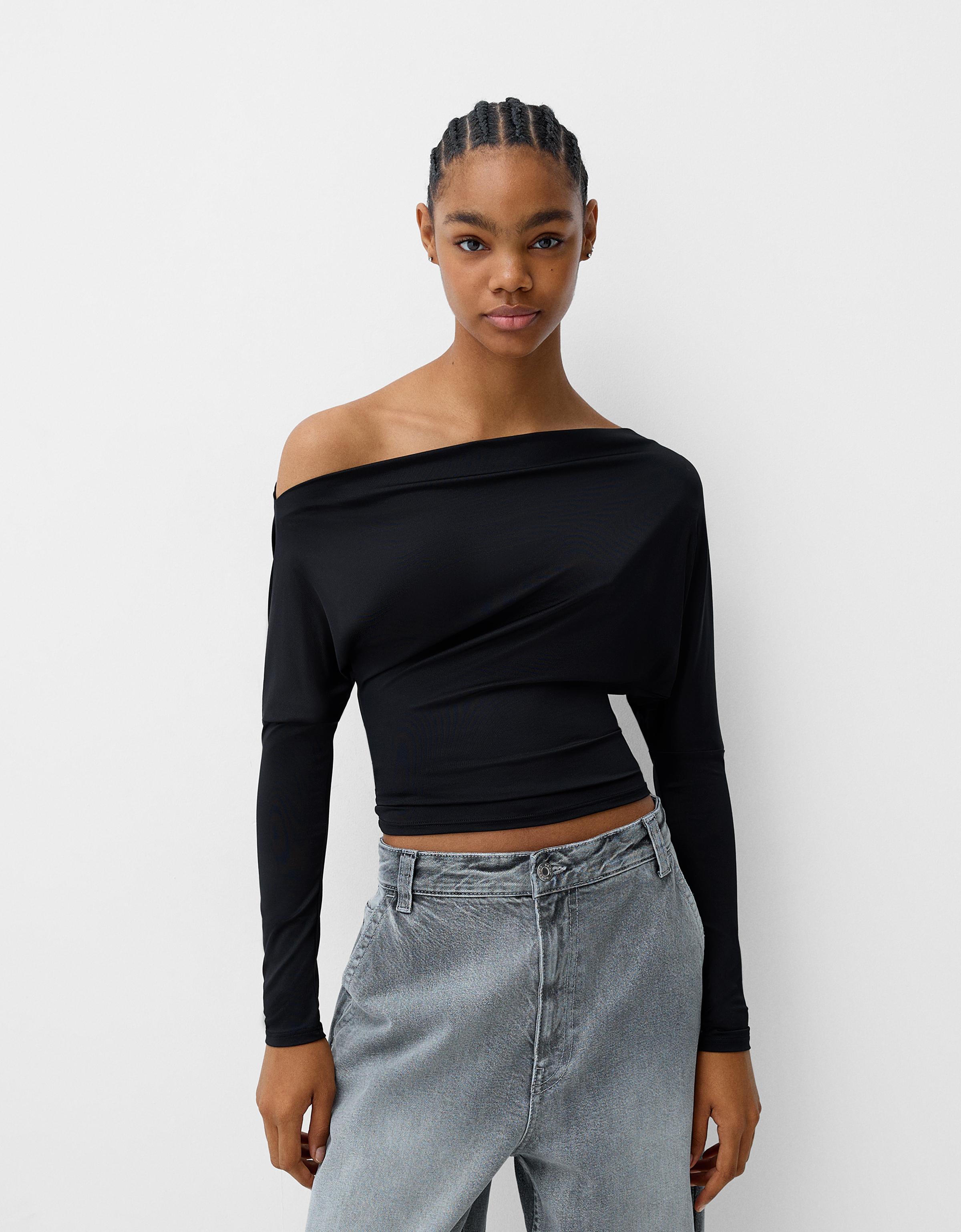 Bershka Asymmetrisches Langarmshirt Damen Xs Schwarz