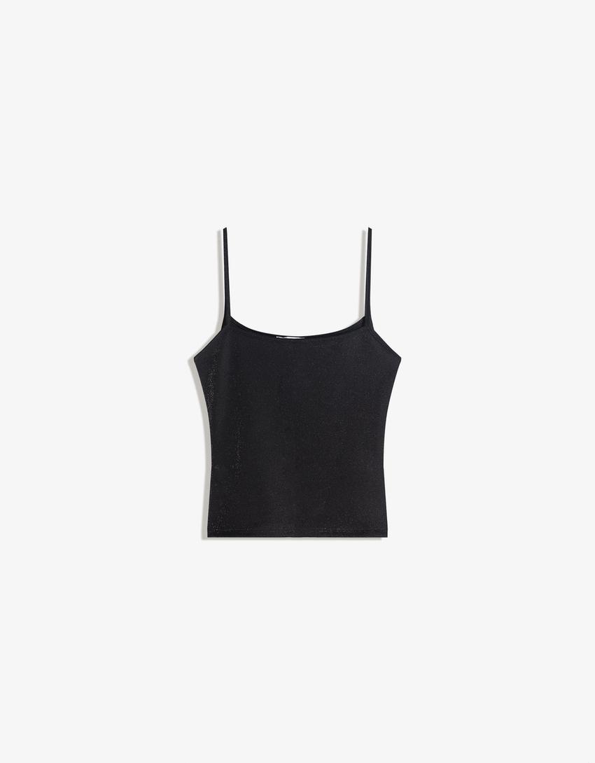 Metallic thread strappy top-Black