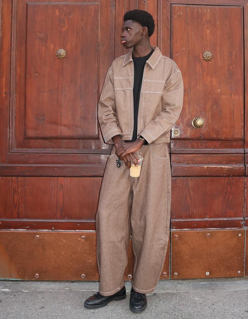Denim shirt with zip-Brown