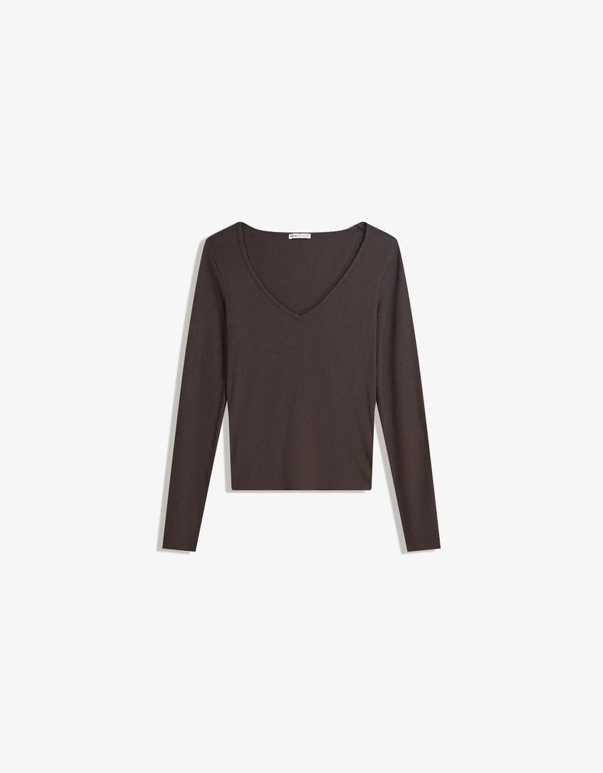 Camiseta manga larga cuello pico-Marrón