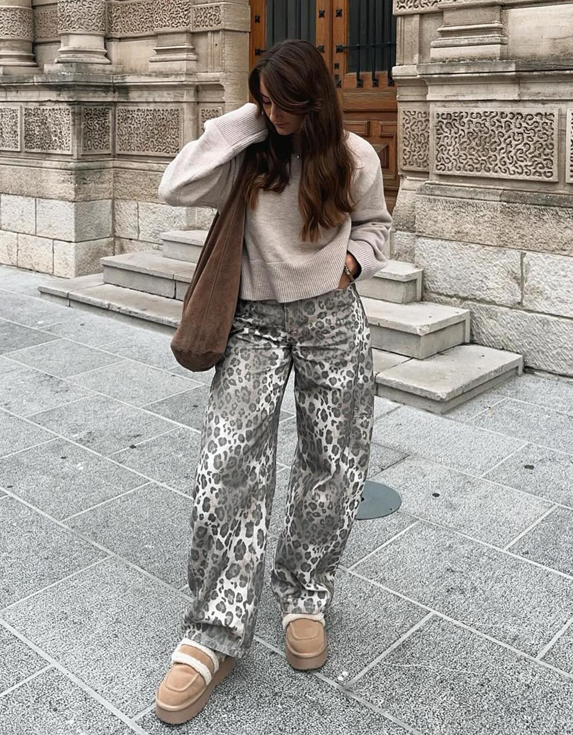 Animal print barrel trousers