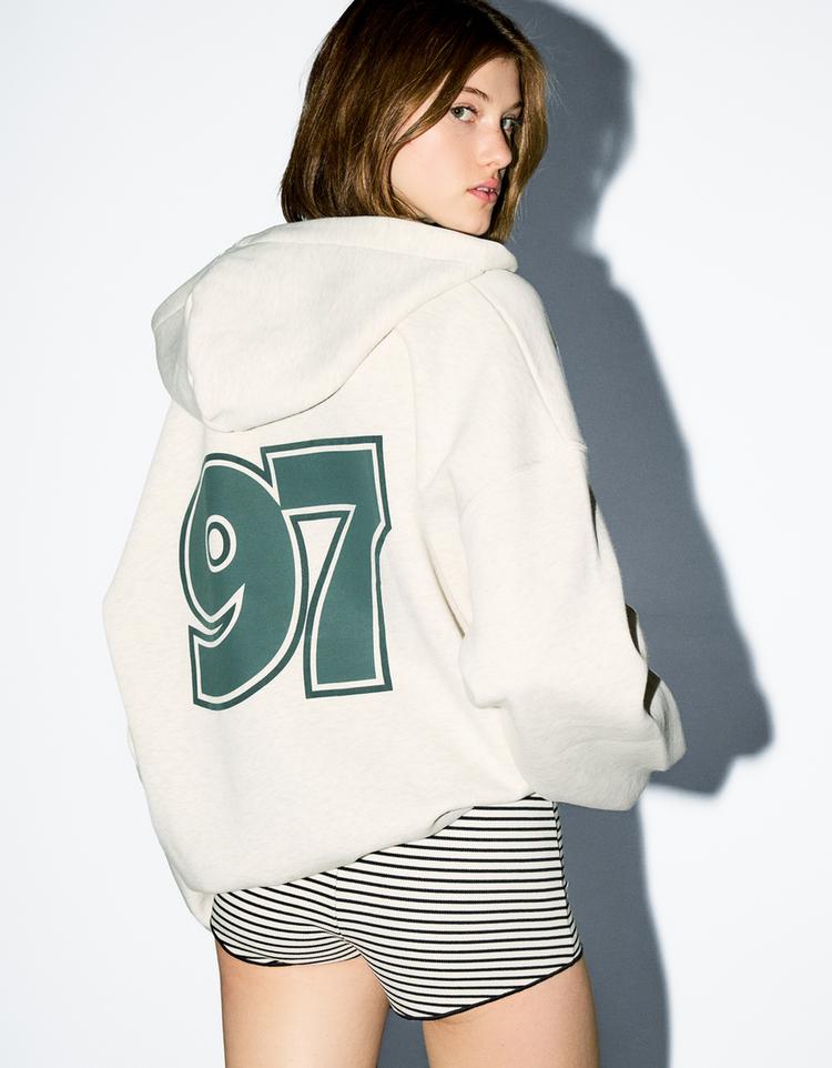 Baskılı fermuarlı kapüşonlu sweatshirt