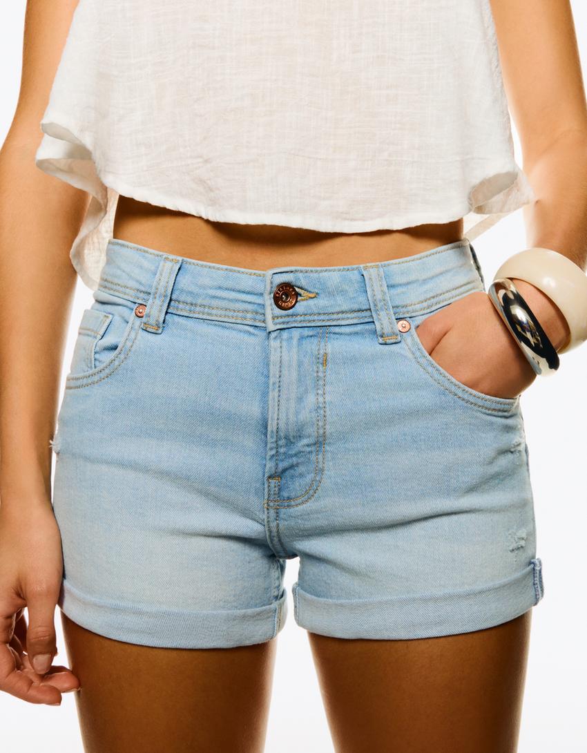 Roll-up denim shorts-Light blue-2
