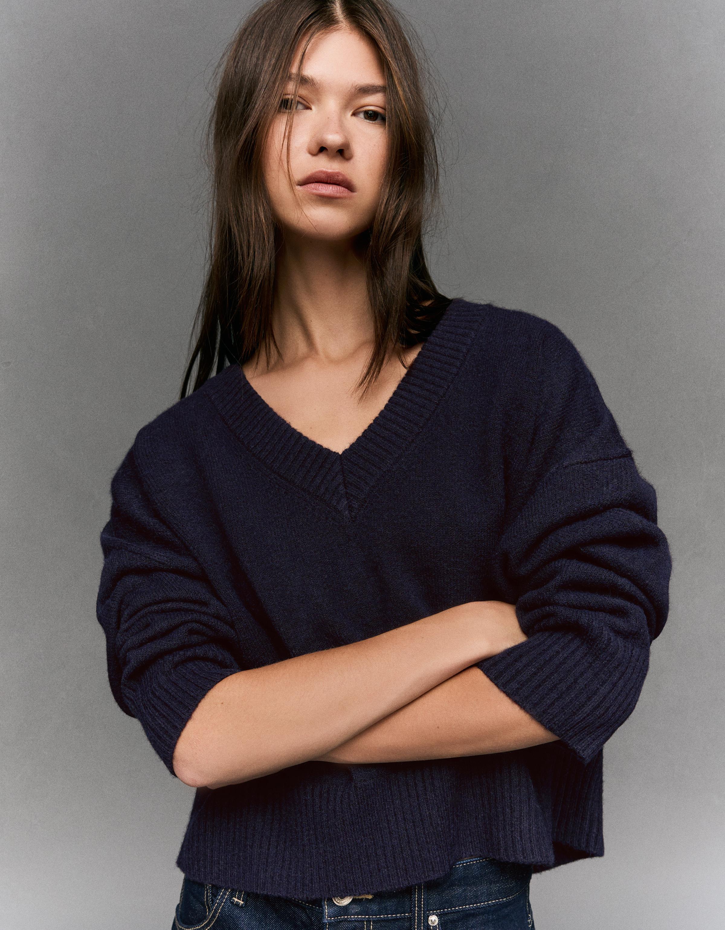 Bershka Cropped-Pullover Mit V-Ausschnitt Damen M Blau