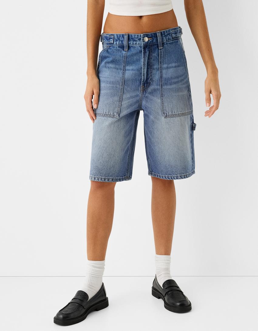 Wide-leg balloon fit denim Bermuda shorts-Light blue-1