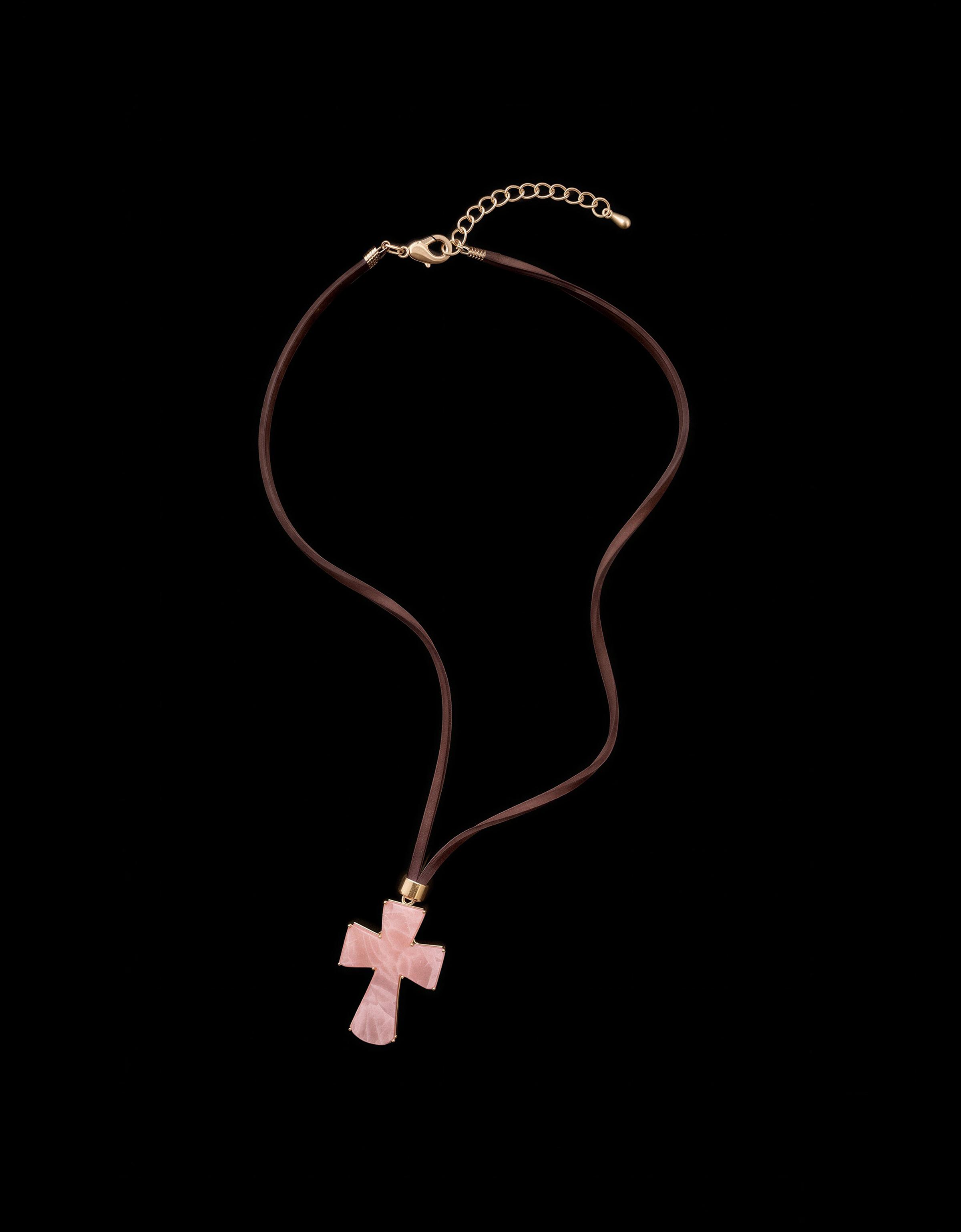 Cord necklace with stone cross — Pink