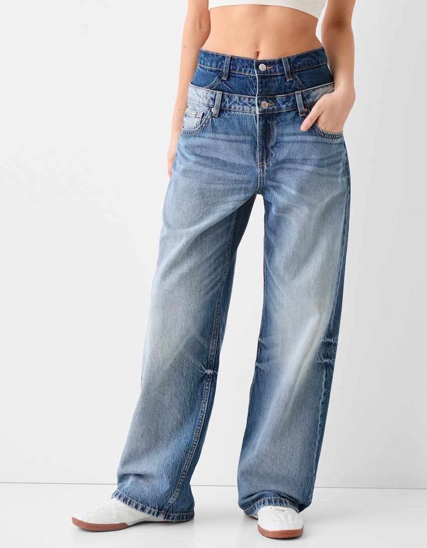 Çift belli baggy jean-Açık mavi-1