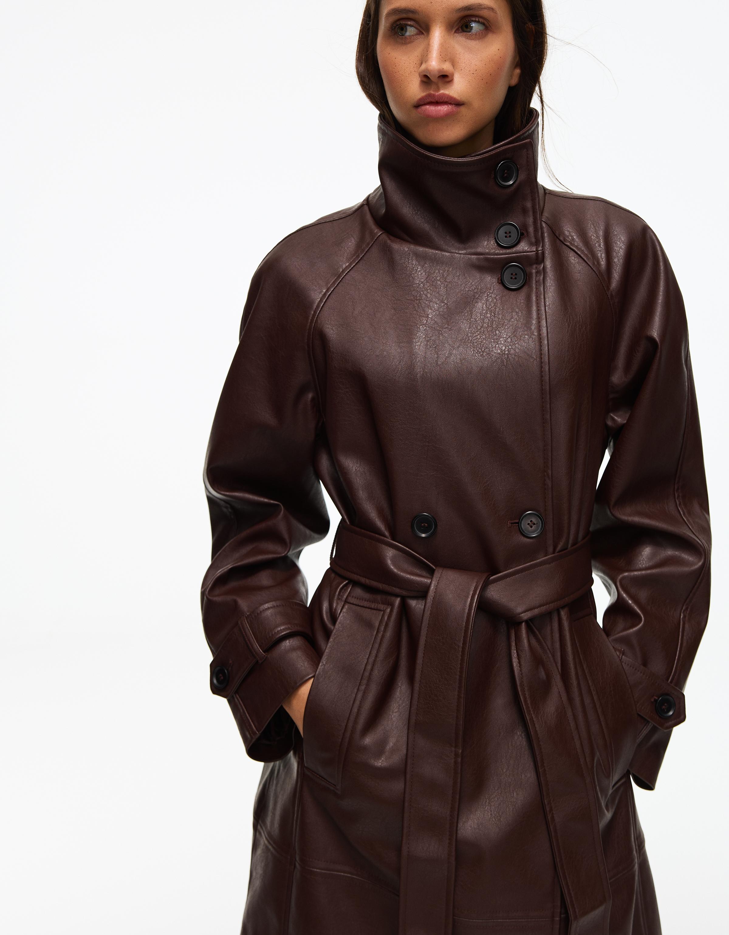 Long leather effect belt trench coat with funnel neck — Burgundy