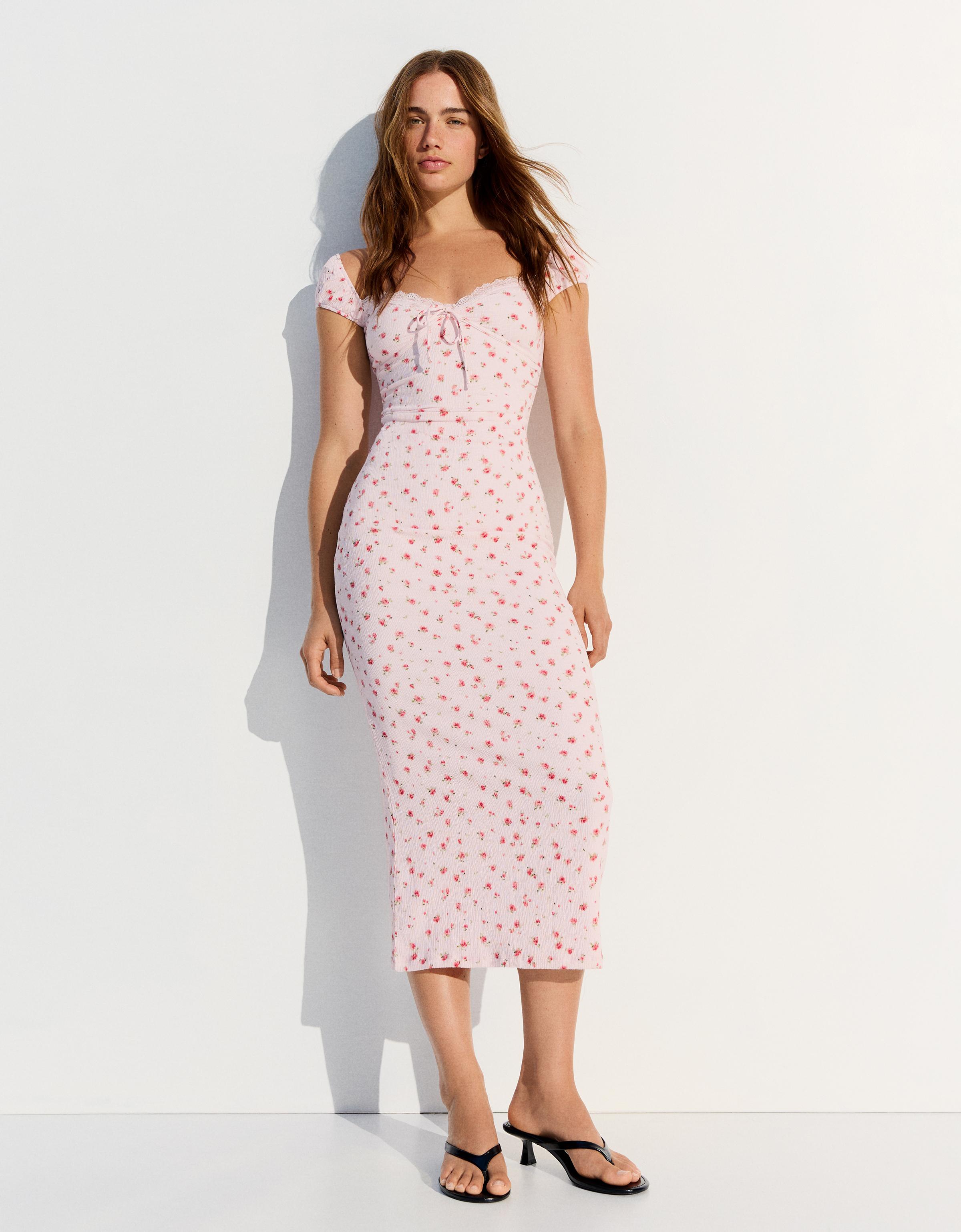 Bershka Vestido Midi Estampado Encaje Mujer Rosa