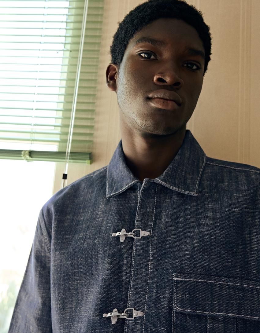 Kısa kollu süslü düğmeli denim gömlek-Denizci mavisi