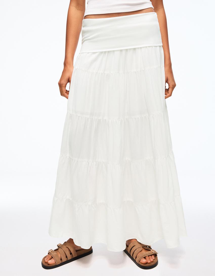 Fold-over waist midi skirt-White