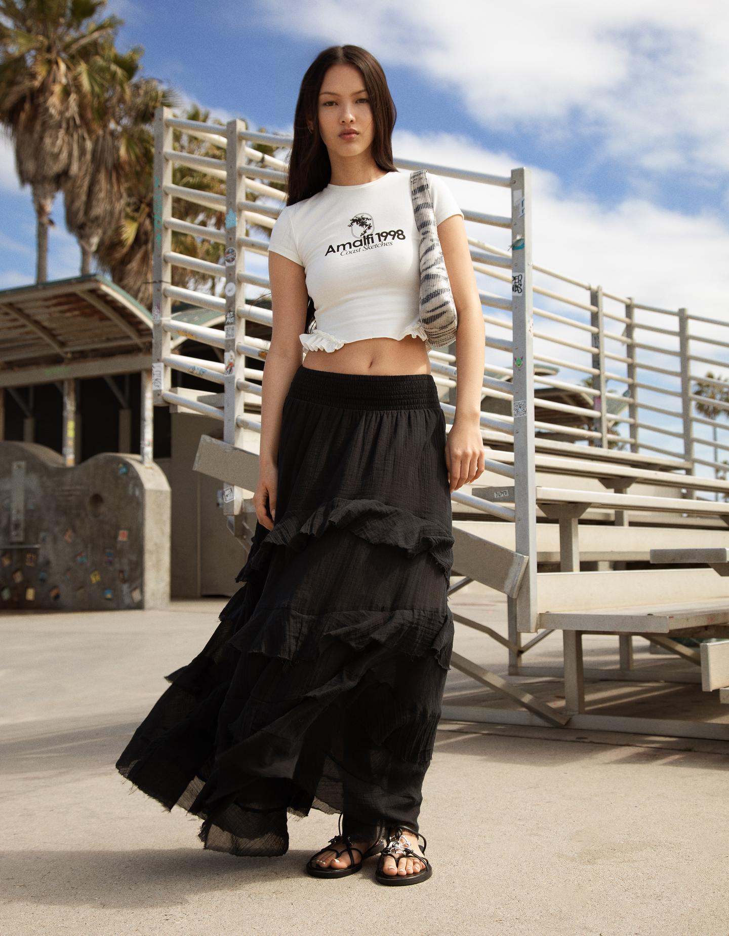 Bershka Camiseta Manga Corta Volantes Print Mujer Xs Blanco Roto