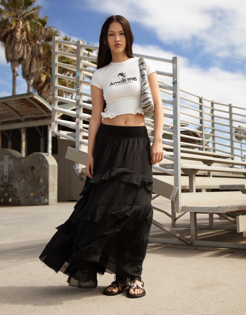 Printed short sleeve T-shirt with ruffles-Off white