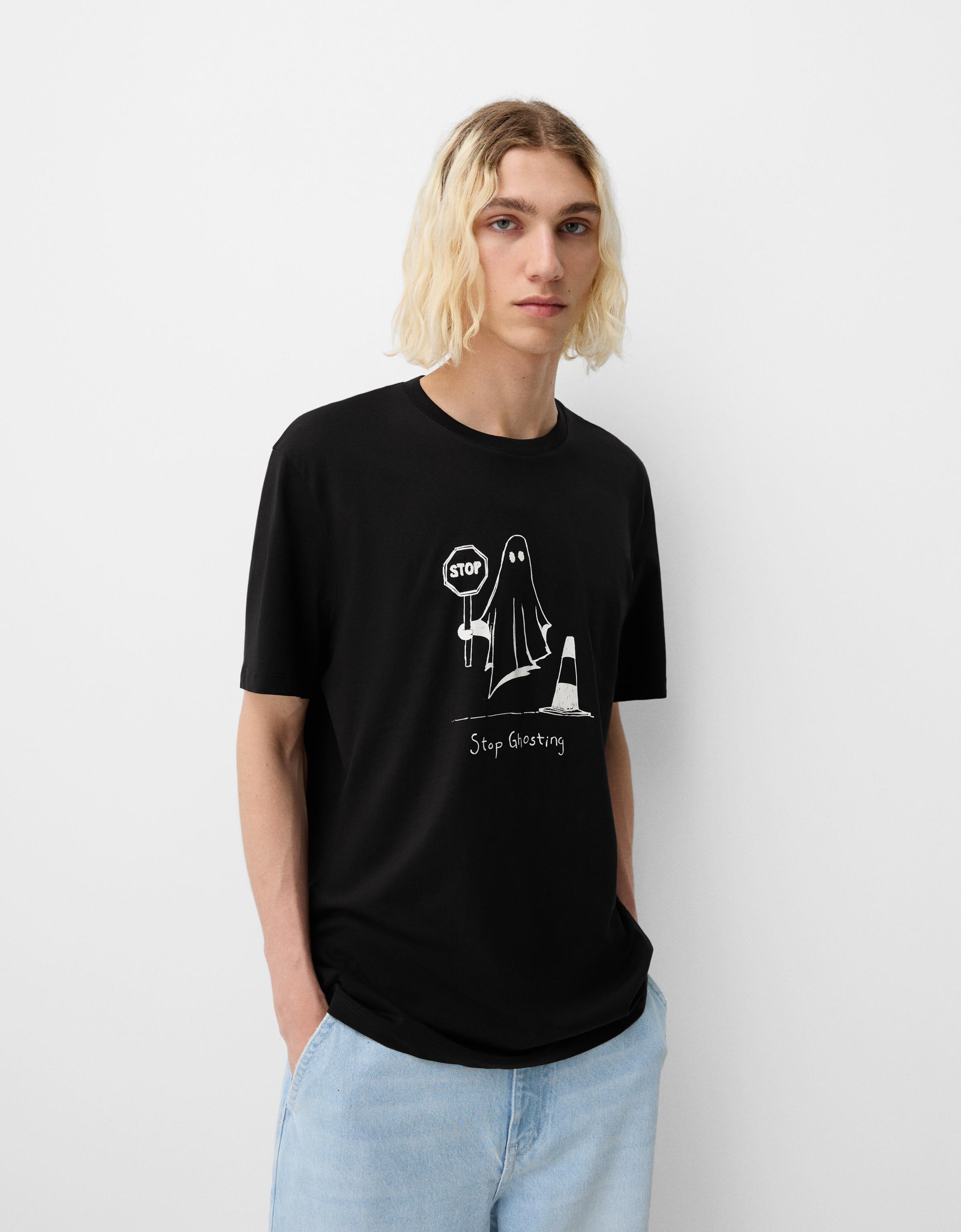 Bershka T-Shirt Im Regular-Fit Mit Print Herren L Schwarz