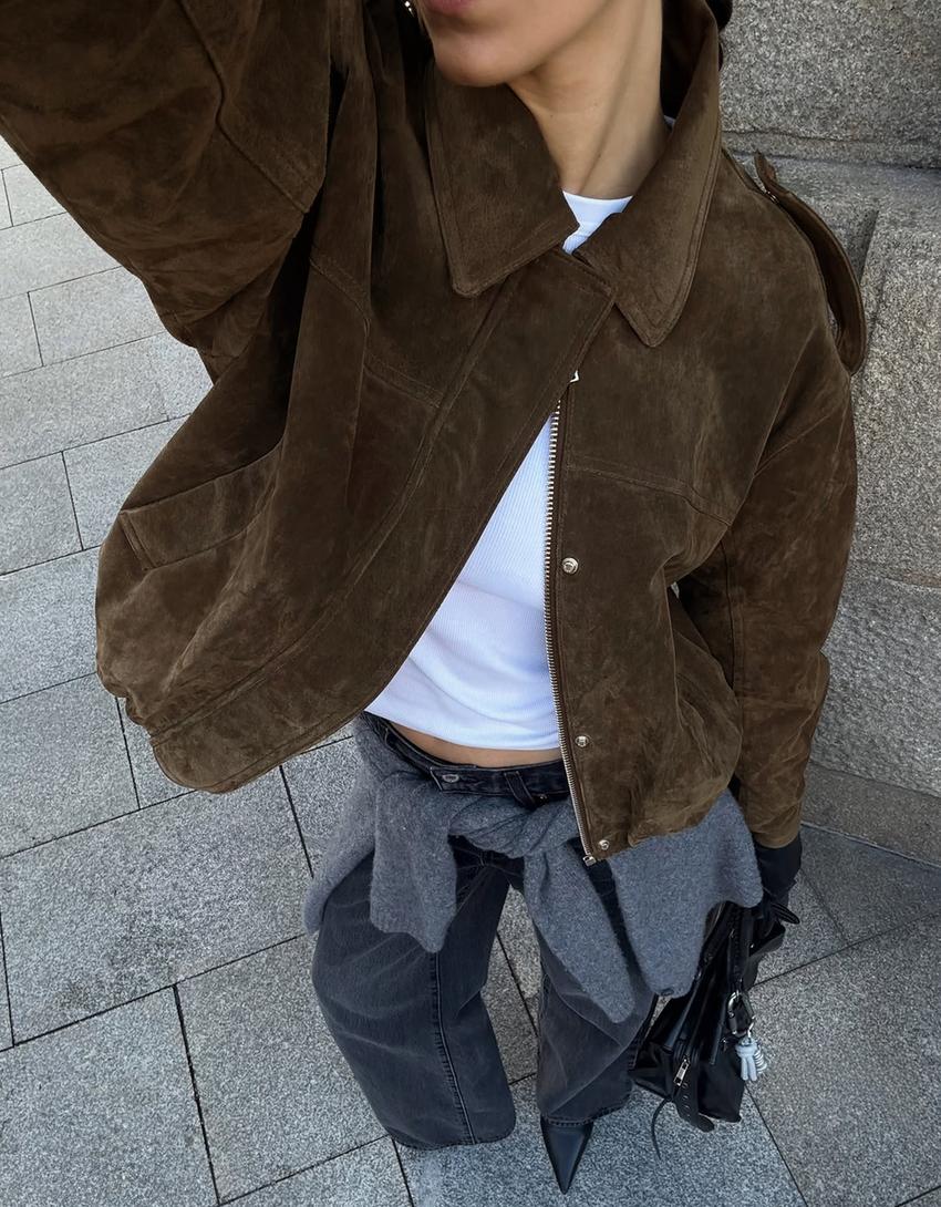 Leather and suede jacket-Khaki