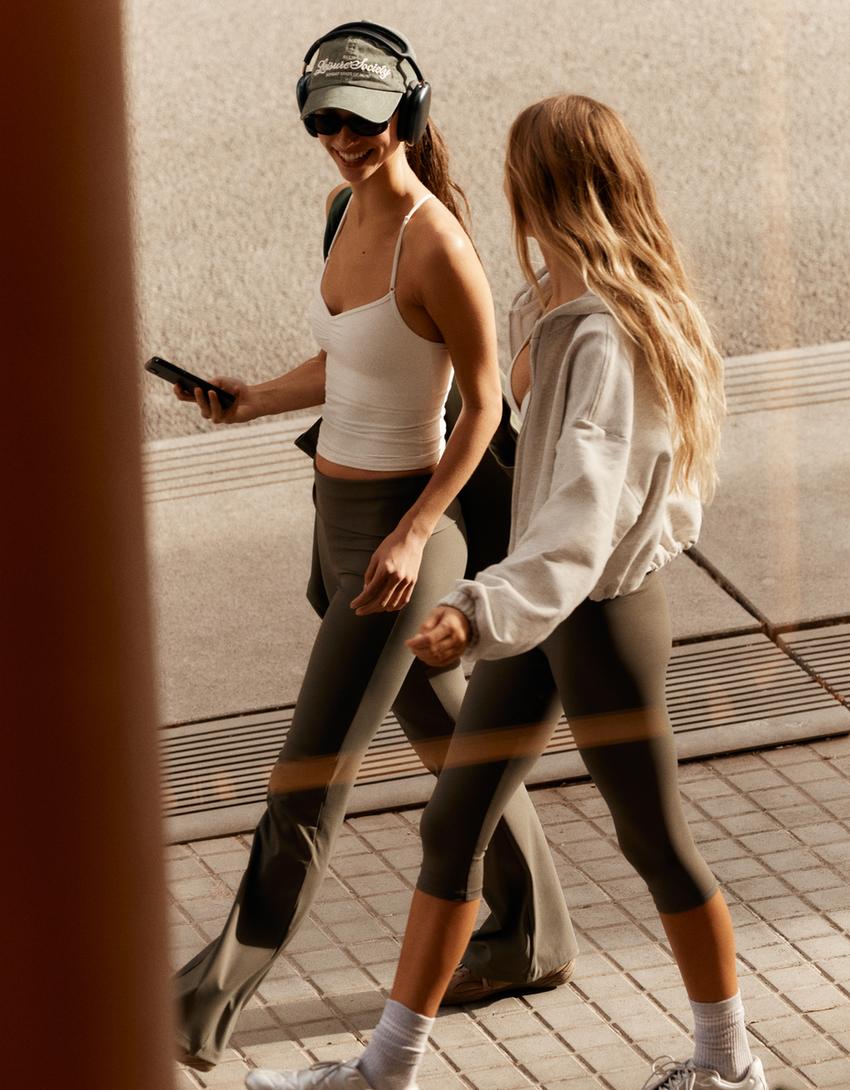 Technical flared trousers with turn-up waist-Moss