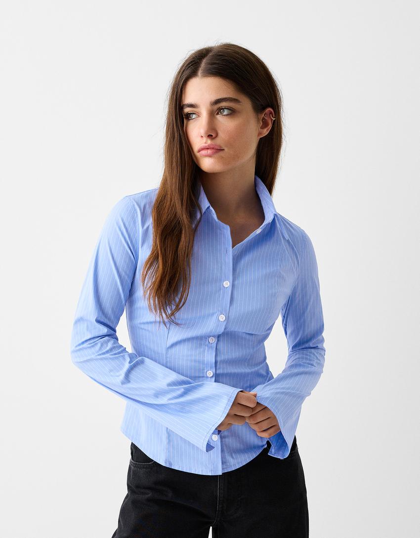 Fitted shirt with flared long sleeves-Blue