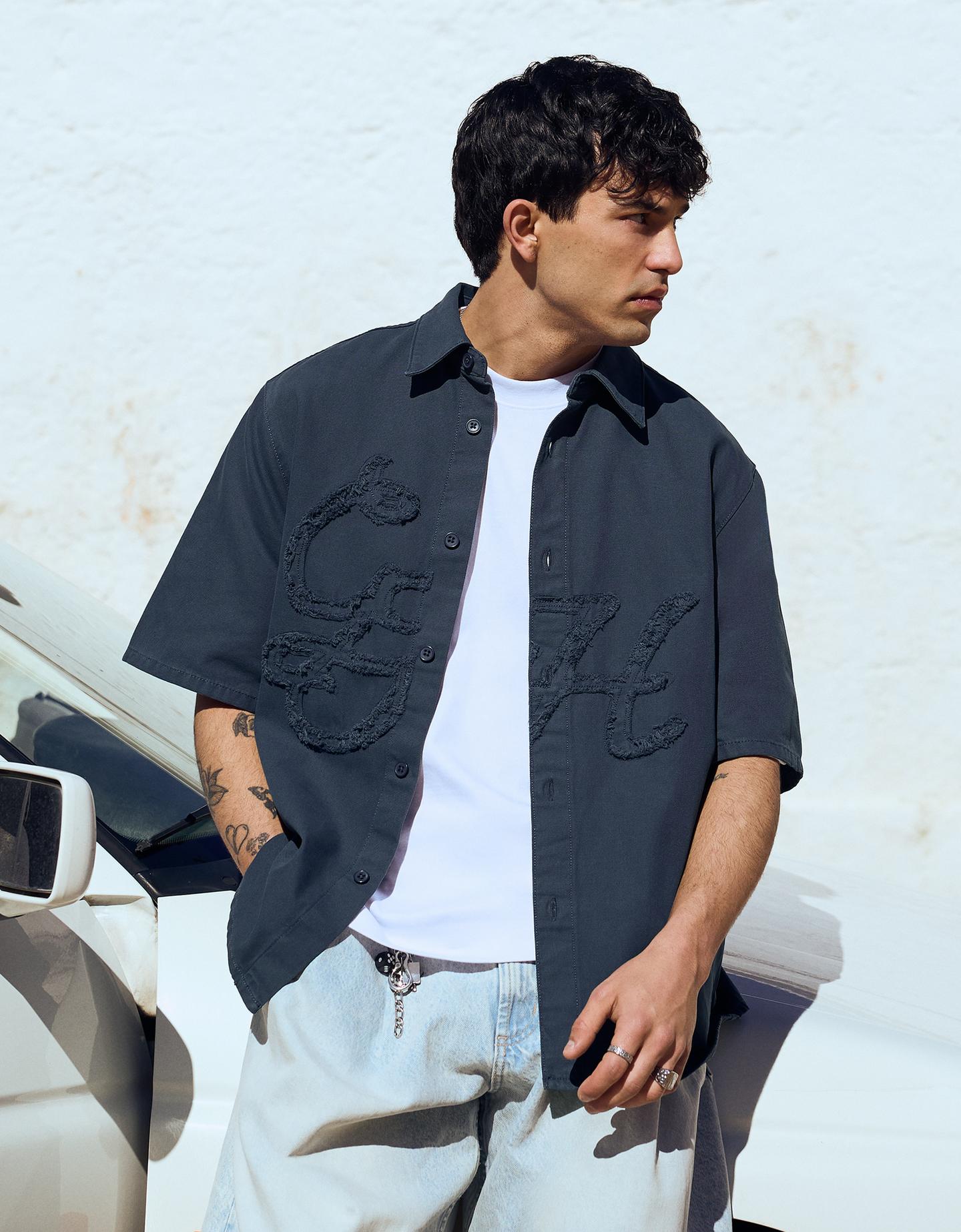 Bershka Camisa Manga Corta Boxy Parche Hombre Marino