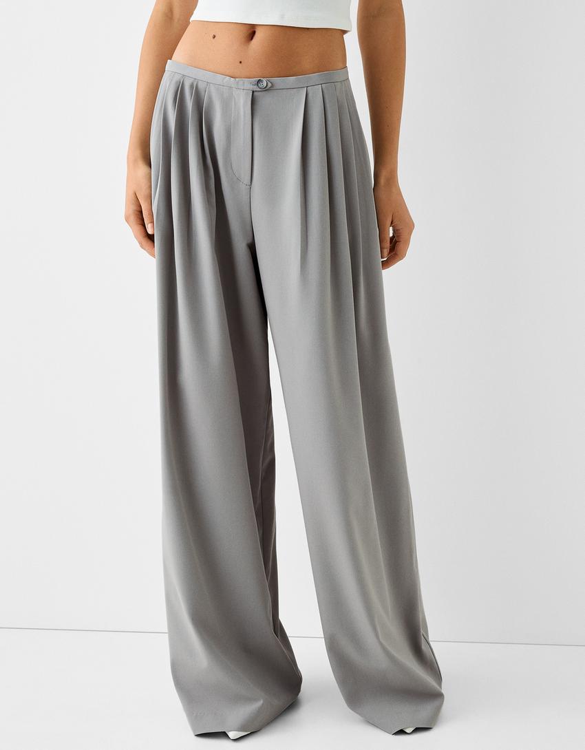 بنطال رسمي بليسيه واسع الساقين-رمادي-1