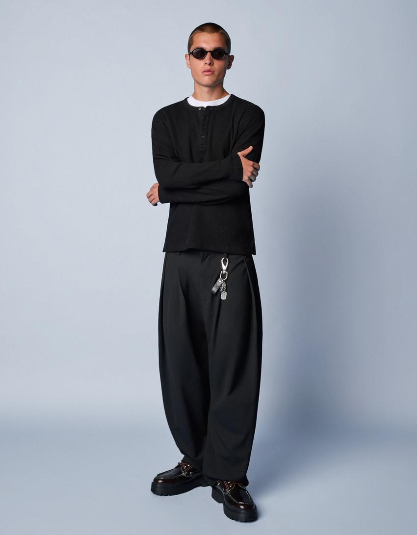 Camiseta manga larga henley slim fit-Negro