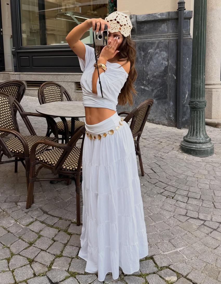 Midi skirt with fold-over waist-White