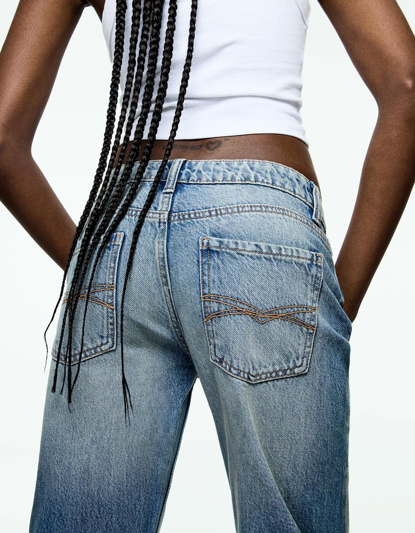 بنطال جينز بقصّة مستقيمة وخصر منخفض-أزرق فاتح-2