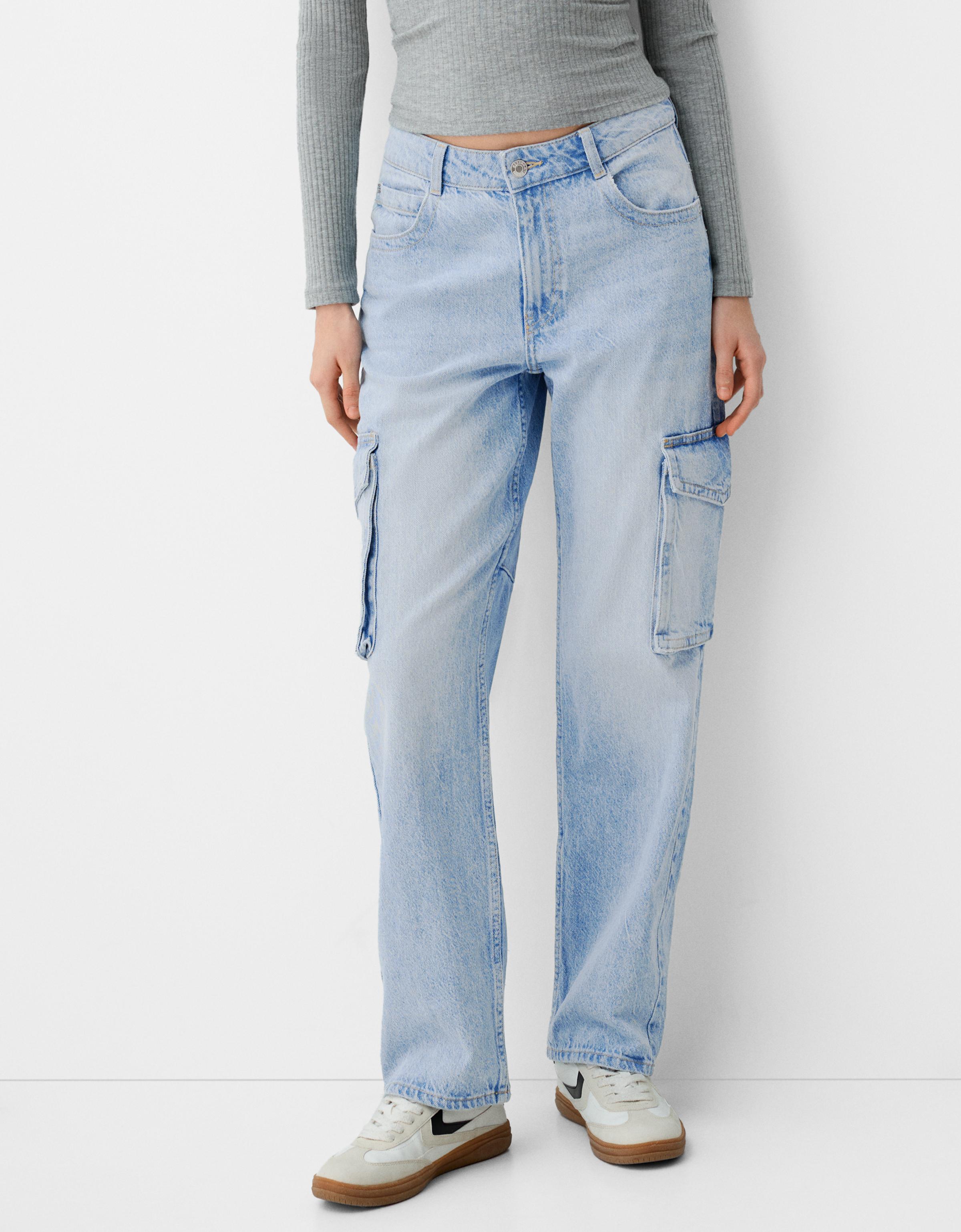 Bershka Cargo-Jeans Im Straight-Fit Damen 32 Hellblau