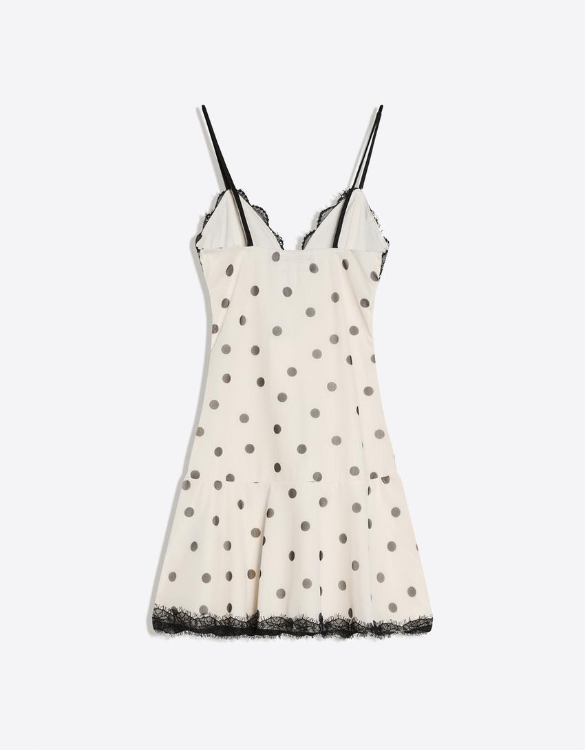 Mini strappy tulle lace print dress-Cream