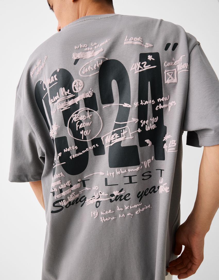 T-shirt boxy manches courtes imprimé-Gris-2