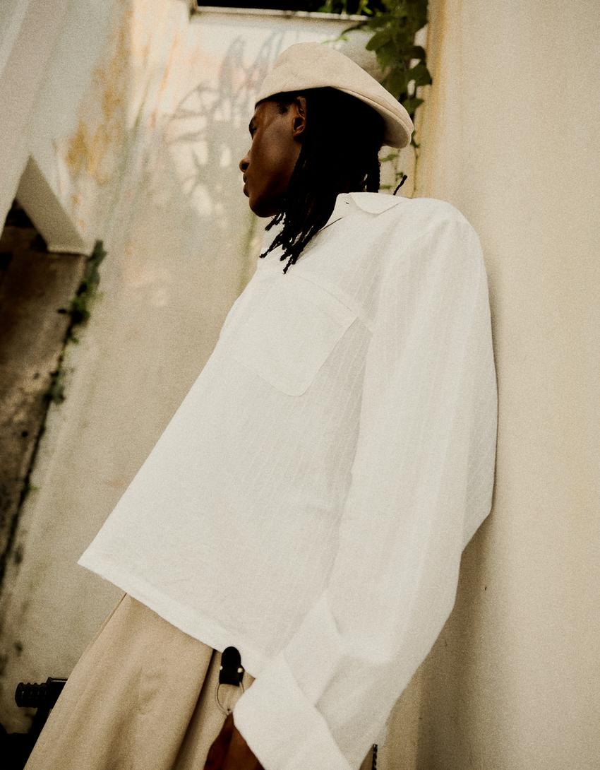 Oversize long sleeve crossover shirt-Off white