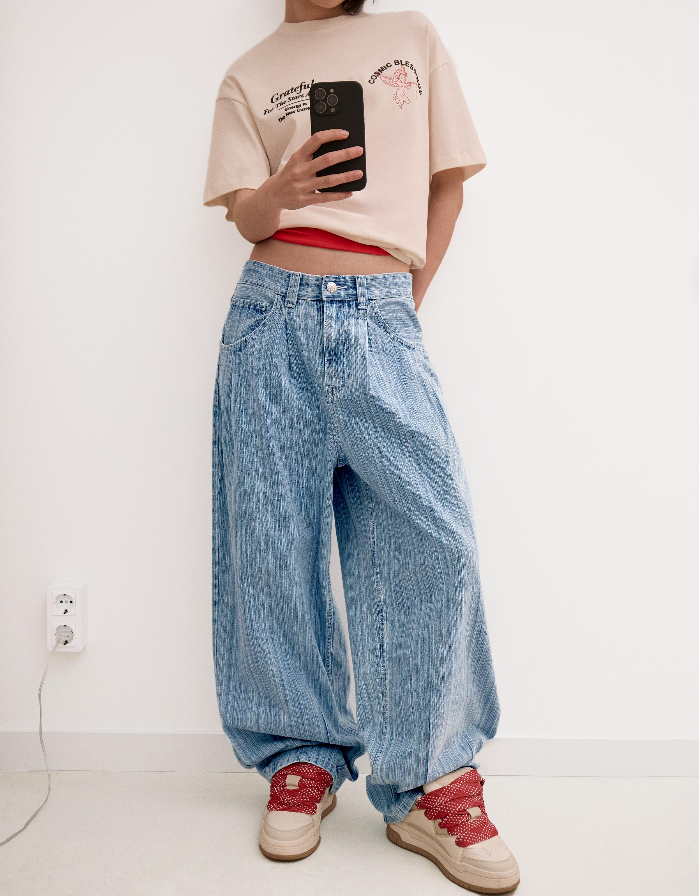 Bershka｜balloon バルーン紐付きジーンズ ズボン Adjustable balloon fit carpenter jeans - Pants - BSK Teen