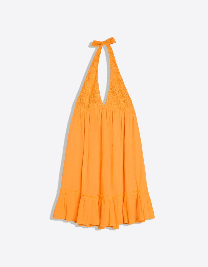 Crochet halter mini dress-Orange