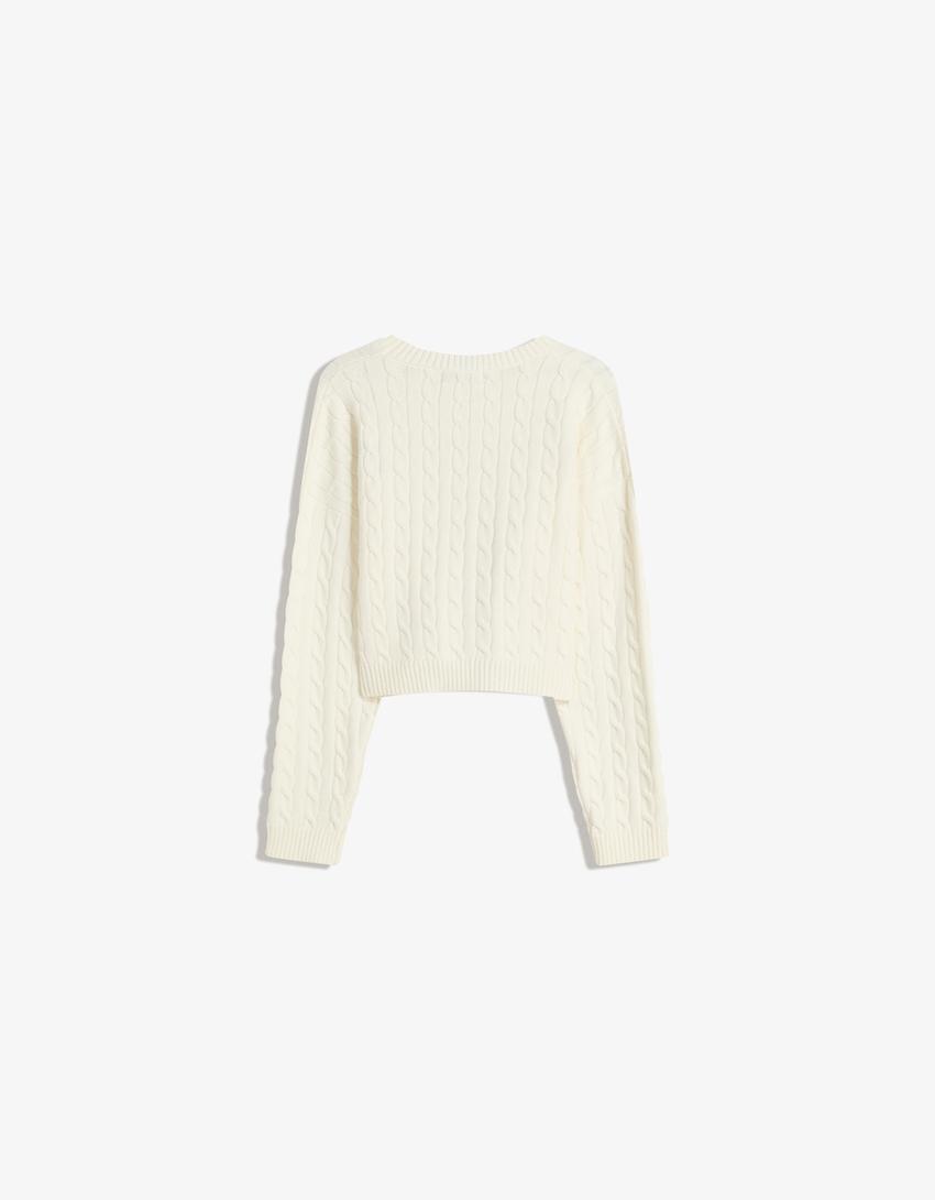 Pull torsadé brodé-Écru