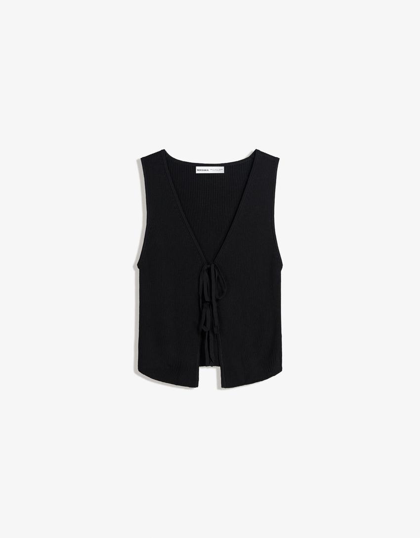 Ribbed vest with tie detail-Black