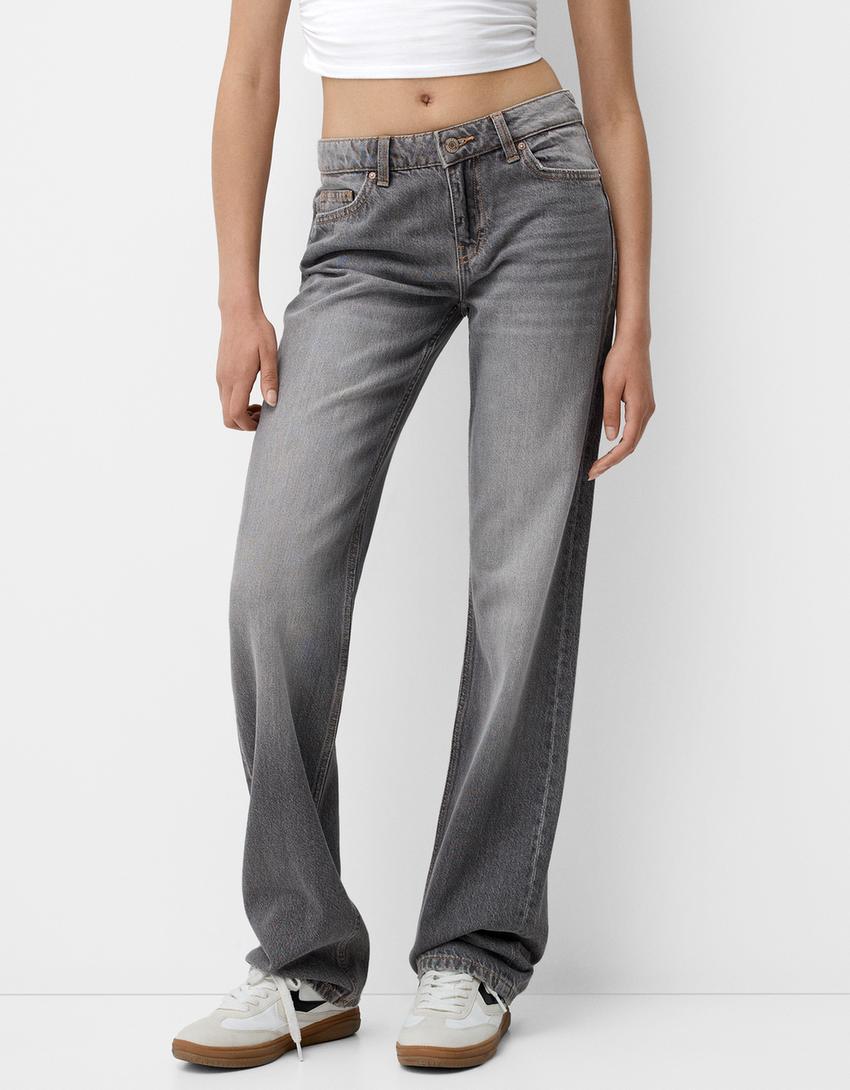 بنطال جينز بقصّة مستقيمة وخصر منخفض-رمادي-1