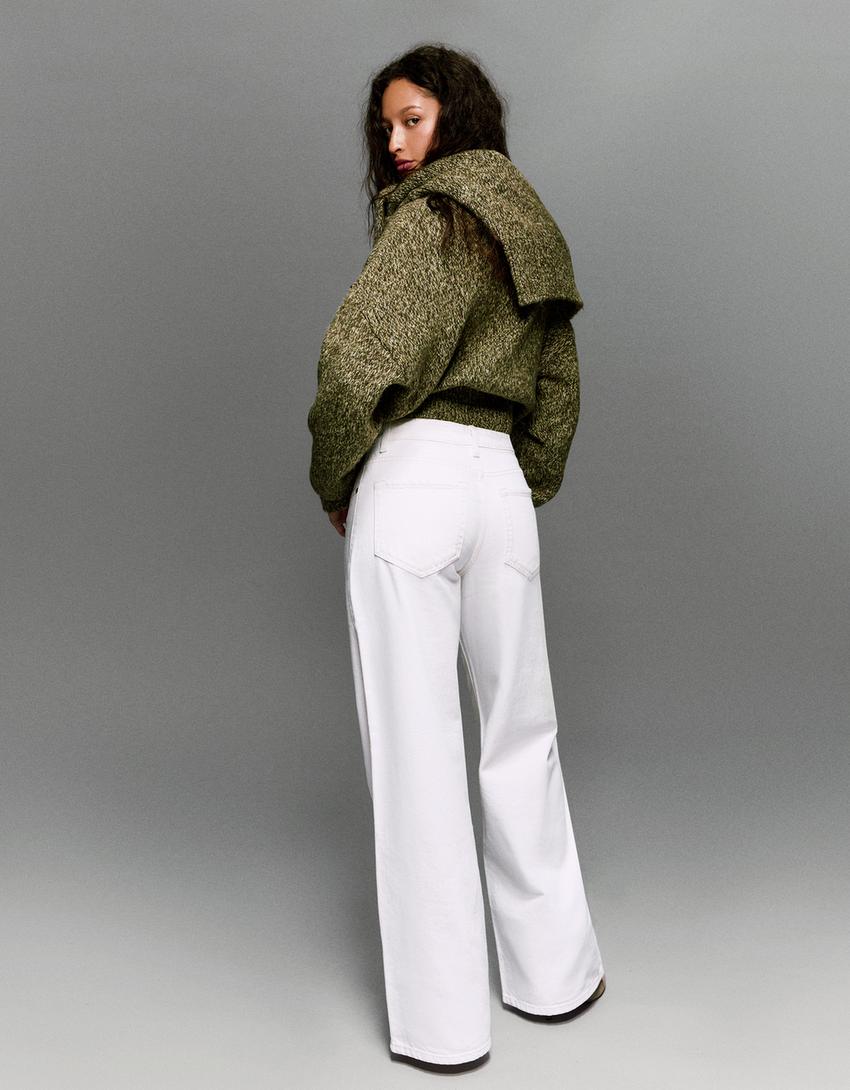 Orta bel geniş paça jean-Krem