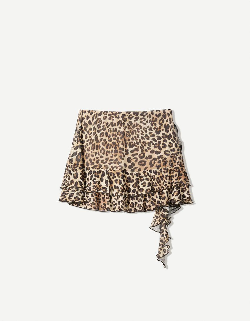 Minissaia tule folhos animal print-Cru-1
