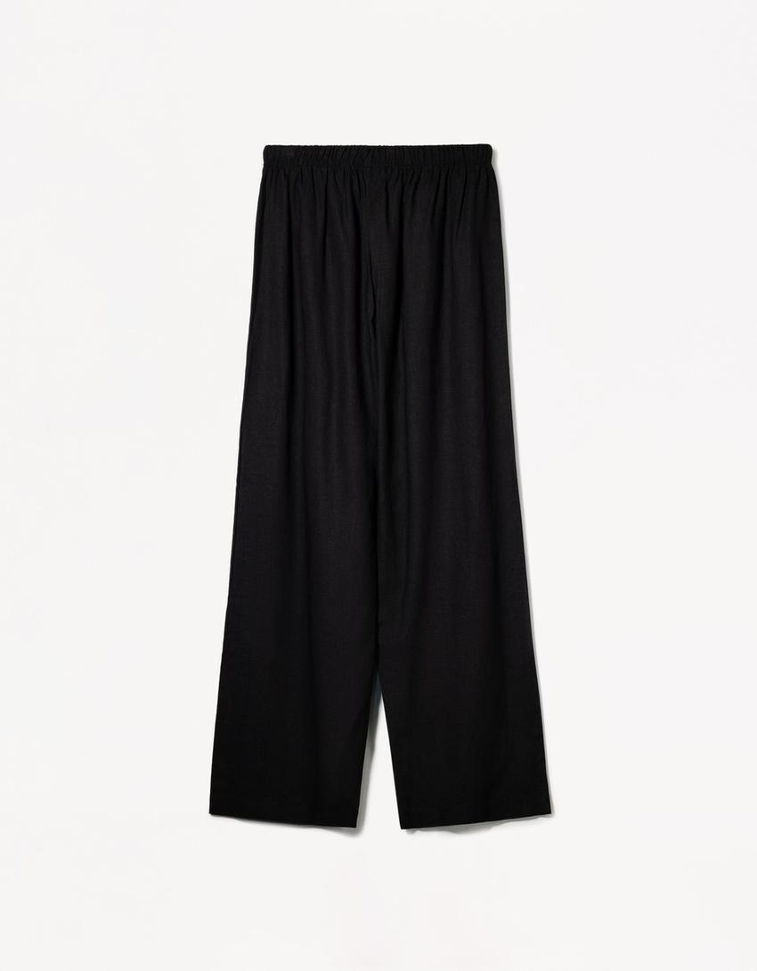 Linen blend trousers with an elasticated waistband-Black